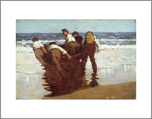 In the shallows on a beach a group of men in brown and white drag a small boat towards the sea.