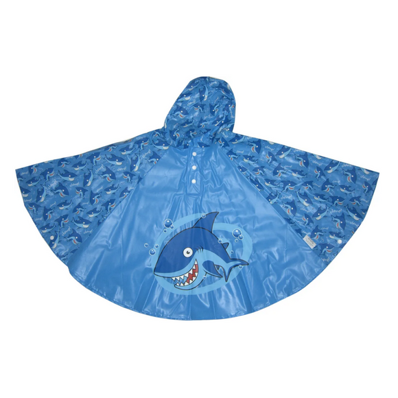 A poncho with a blue panel in the centre with a smiling cartoon shark. The side panels and hood are a darker blue, covered in small cartoon sharks.