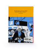 The back has a black, white and blue illustration of Warhol holding a camera in front of a crowd.
