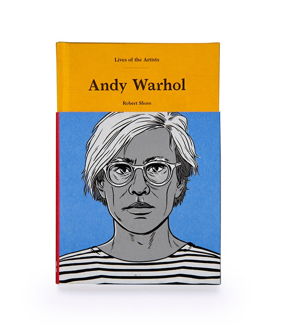 A black & white illustration of Warhol, a white haired white man, on a blue background. The cover is yellow with black title at the top.