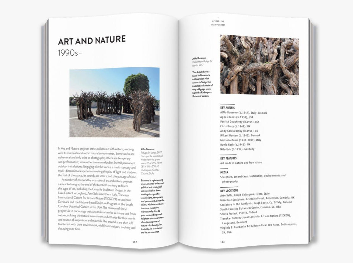 A two page spread from inside the book on Art and Nature. Both pages have text about the movement. The left page has a photo of bare trees organised in a semi circle. The right page has a photo of petrified tree branches tangled together.
