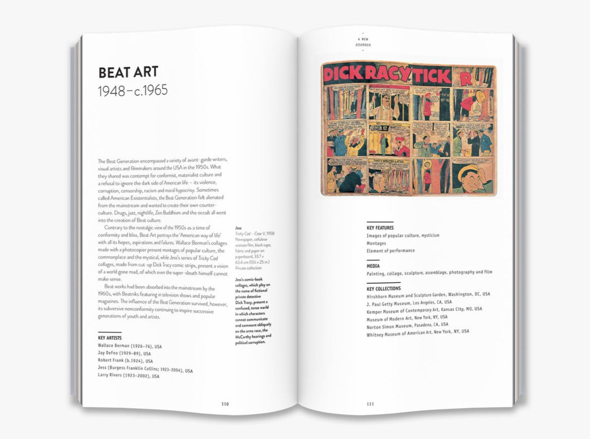 A two page spread from inside the book on Beat Art. Both pages have text about the movement. The top half of the right page is an old fashioned panelled comic.