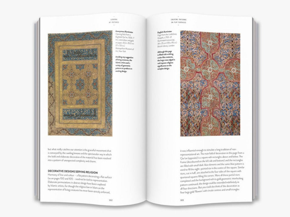 A two page spread from inside the book about decorative designs in religion. On the left page is an intricately detailed illuminated page from a Qur’an. On the right is an intricately detailed illuminated page from a Bible.