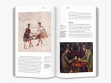 A two page spread from inside the book. The left page has a simple Roman painting on a wall of two figures sitting at a table. The right page has a modern painting of two men sitting at a table. There is text on both pages.