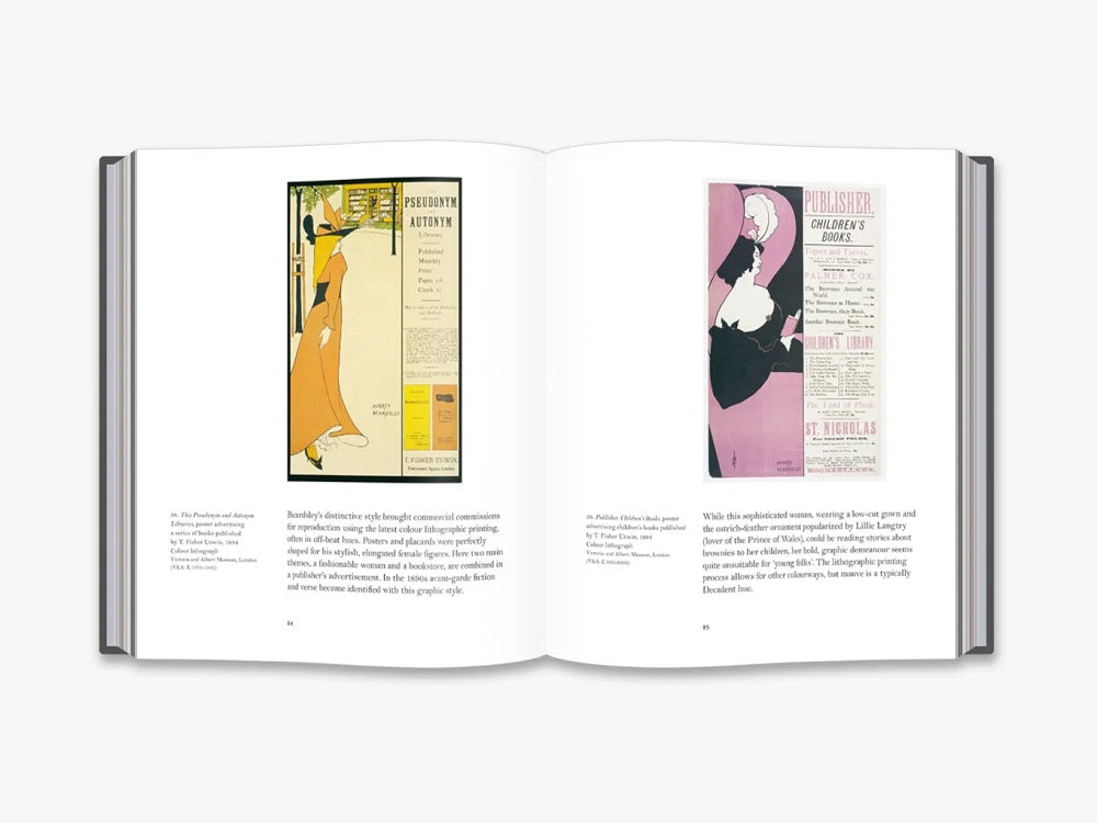 A yellow illustrated ad on the right page and a pink illustrated ad on the left page. There is text under both.
