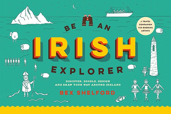 A green background with white illustrators around the edges of Irish things such as sheep, Irish dancers, and St. Patrick. The title is in the middle with ‘Irish’ in big, yellow letters in the centre.