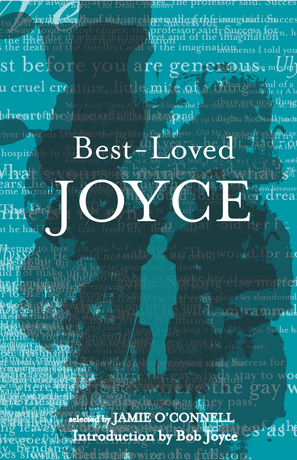 A blue cover with lots of overlapping words and sentences in white. Down the centre is overlapping ink blots with a matching blue silhouette of Joyce in the centre. The title is across the top in white.