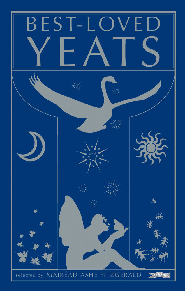 A dark blue cover with a silver silhouette of a fairy sitting down with a flying swan silhouette above. There are leaves and stars scattered around. The title is across the top in silver.