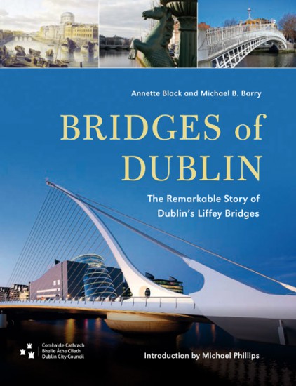 A photo of a white bridge that resembles a harp on its side, with a clear blue sky in the background. The title and sub-title are in the top right in yellow and white letters.