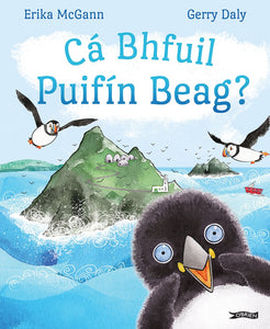 An illustration of an island in the distance with puffins flying overhead. In the front right is a close up of a baby puffin looking out at the reader. The title is across the sky at the top in blue letters.