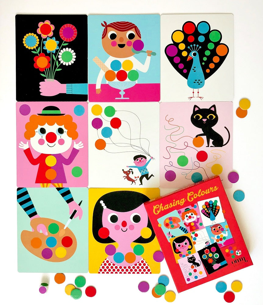 More of the cards showing they all have simple coloured circles as part of their design.