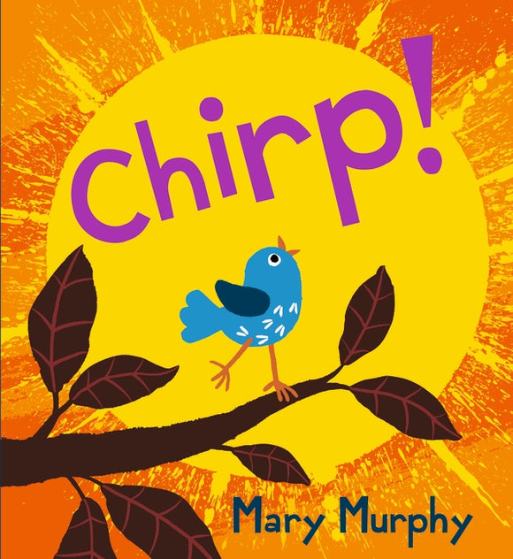 A cartoon of a small blue bird on a branch singing in front of a large, bright yellow sun. The title is above in purple.