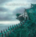 A stormy sky with a dark green hill. A stone marked path leads to an ancient house at the top of the hill. Text is in black.