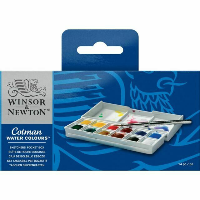 A blue box with a photo of an open paint palette in use with a small silver brush.