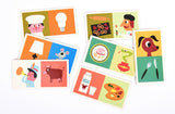 Some of the colourful domino pictures including a dog, a mouse, a chef, an artist, and food.