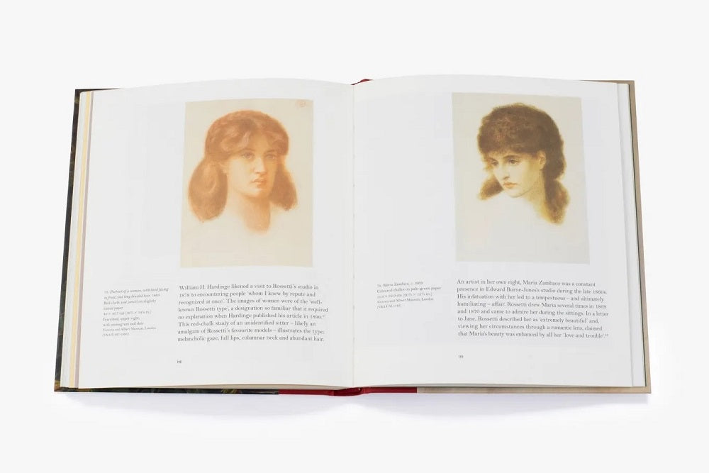 Both pages have sepia toned portrait drawings of women with text about them underneath.