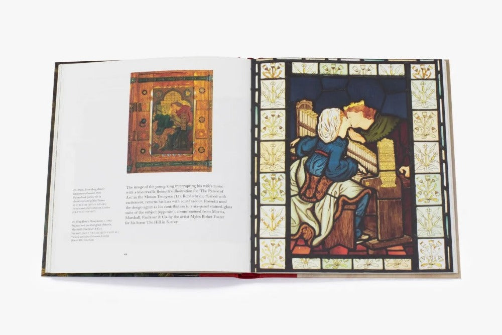 The right is a stain glass panel of a medieval couple kissing. The left is painted panel of the same image with text.