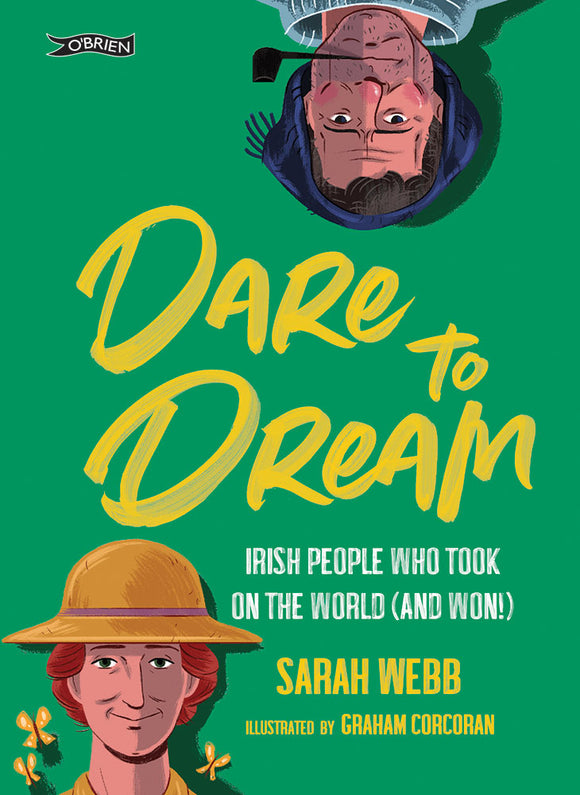 A green cover with the title in yellow painted letters in the centre. In the top right corner peeking down is a man from the neck up, smoking a pipe and wearing a knit hat. In the bottom left corner is a woman from the neck up wearing a straw hat, with some butterflies.