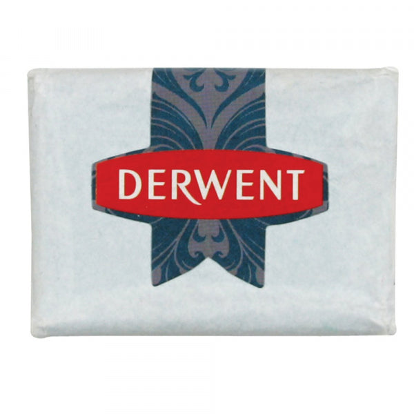 A square eraser in a white wrapper. The brand logo is in navy and red in the centre.