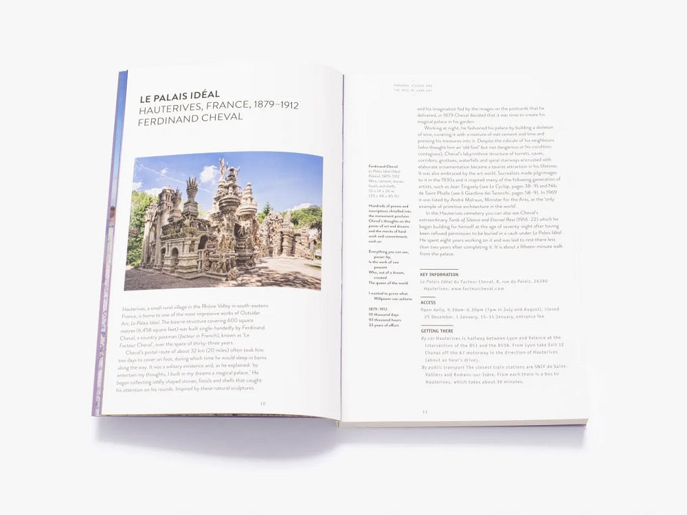 A photo of a detailed, ornate sandstone palace, Le Palais Ideal. There is text across both pages about it.