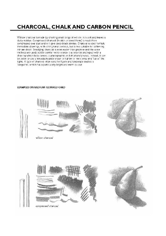 A page about using different drawing materials. There is text at the top with two examples of lines, shading and a pear sketch at the bottom, one in willow charcoal and the other in compressed charcoal.