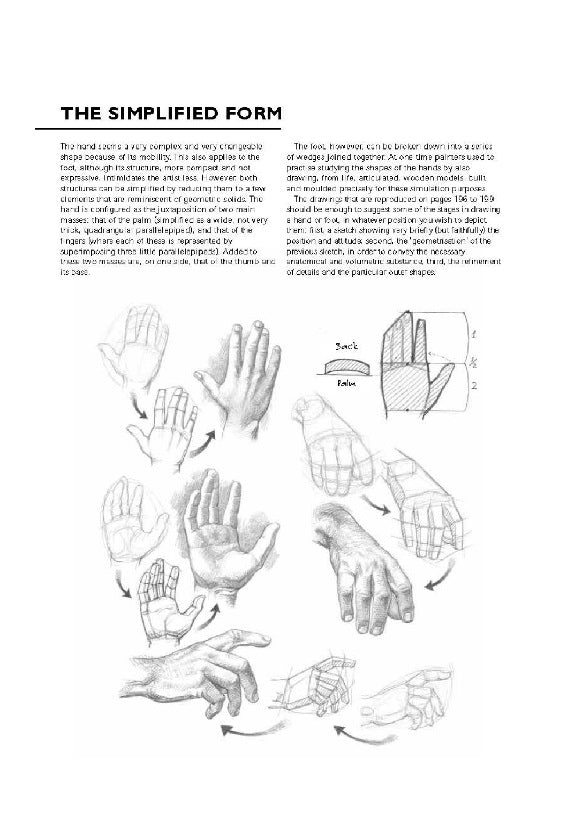 A page about simplifying what is being drawn down to basic shapes and building up from there. Drawing hands is used as an example with sketches at the bottom of hands in different poses, in different stages of being drawn.