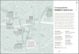 A light green toned map of Dublin with locations marked. Text on the right page explains these are street art locations.