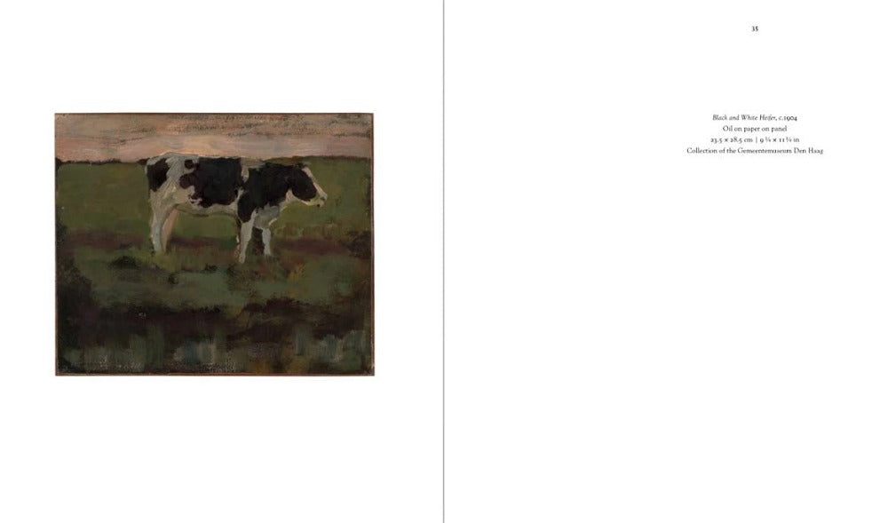 A two page spread from inside the book. On the left page is a painting of a cow in a field. There are visible paint strokes. The right page has the painting details.