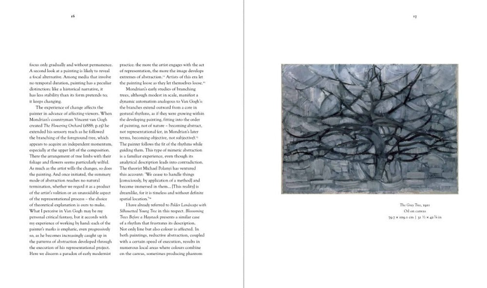 A two page spread from inside the book. The left page is text about Mondrian’s paintings of trees. The right page is a painting of a bare tree in shades of grey. There is visible paint texture and the painting looks almost abstract.