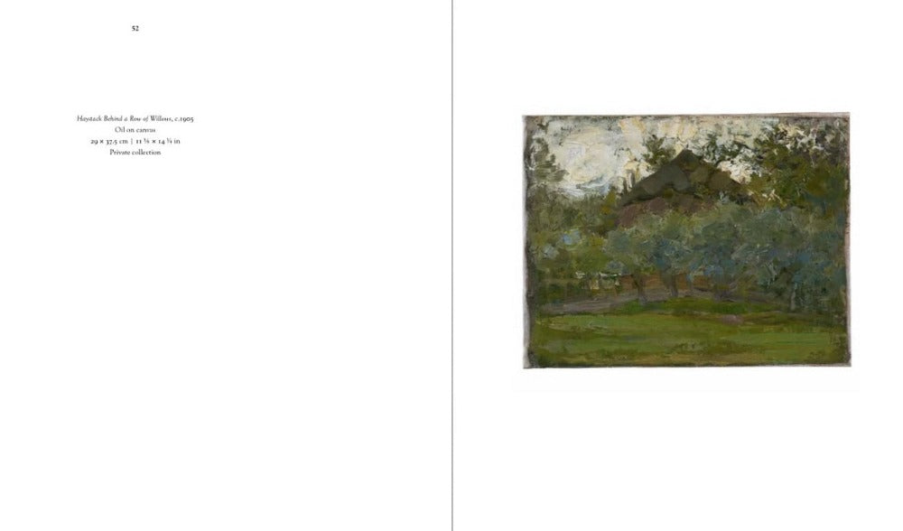 A two page spread from inside the book. On the right page is an impressionist style painting of a line of trees, with a large haystack visible behind them. There is visible paint texture. The left page has the painting details.