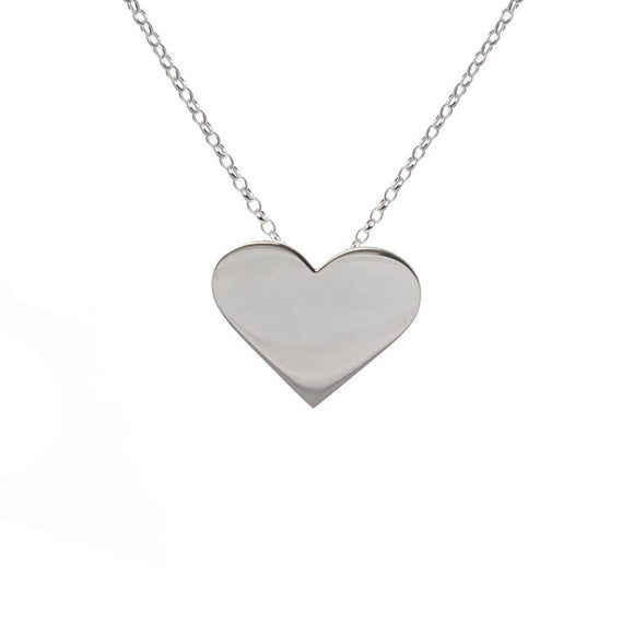 A flat silver pendant of a heart hanging from a silver chain.