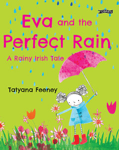 A bright green cover with a cartoon drawing of a little girl with wellies, raincoat and umbrella. The title is in pink.