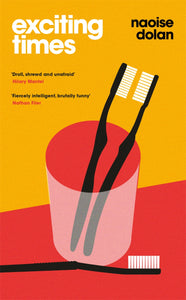 A simple flat drawing of two black toothbrushes facing each other in a glass, with another lying flat on a red table. The background is yellow. The title is in the left in white lower case letters.