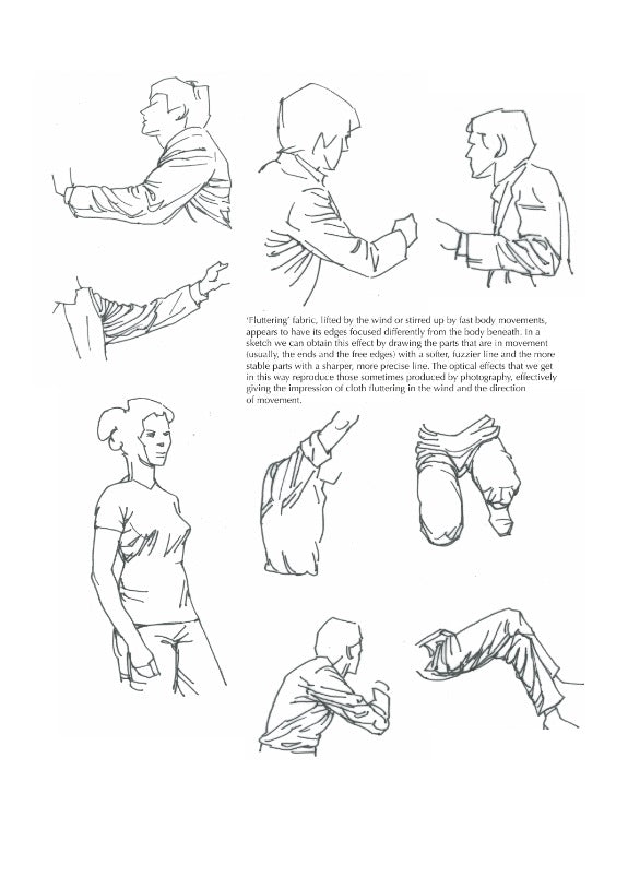 A page about using creases and folds in clothing to create movement. There are multiple example sketches of clothes creasing in different poses.