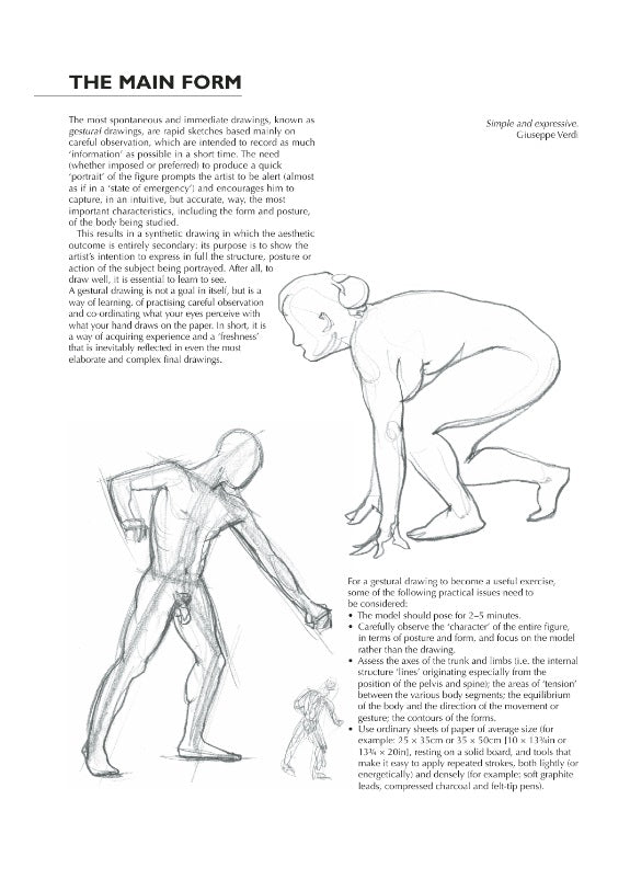 A page about doing quick drawings of poses to learn and practice shapes, gestures and movement. There are two different outline sketches of figures as examples.