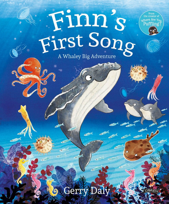 A cartoon underwater scene of a grey baby whale surrounded by various fish, octopus and jelly fish. The title is across the top in white letters.