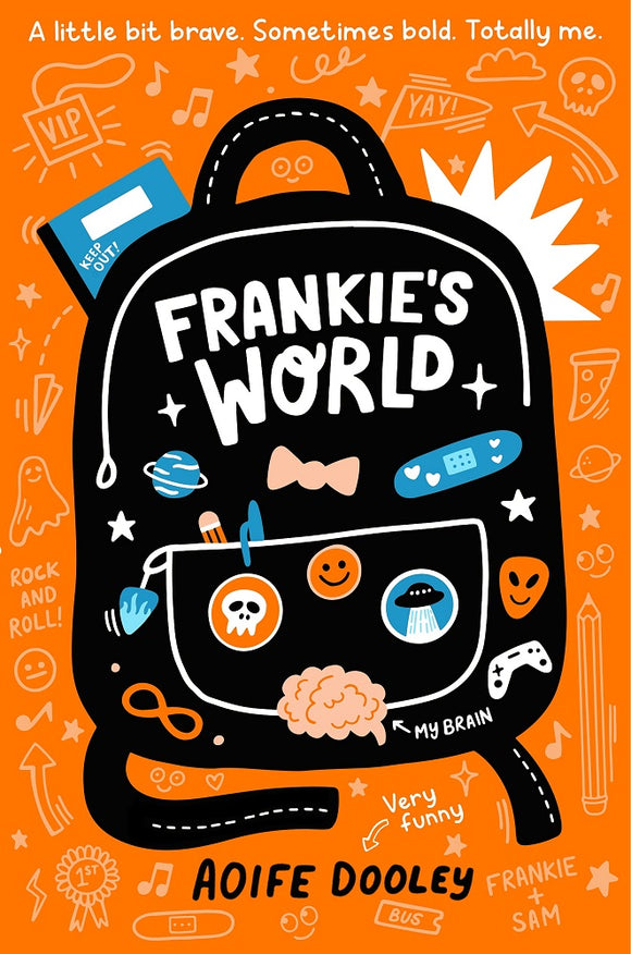 A bright orange cover with a cartoon illustration of a black backpack covered in stickers. The title’s in white on the bag.