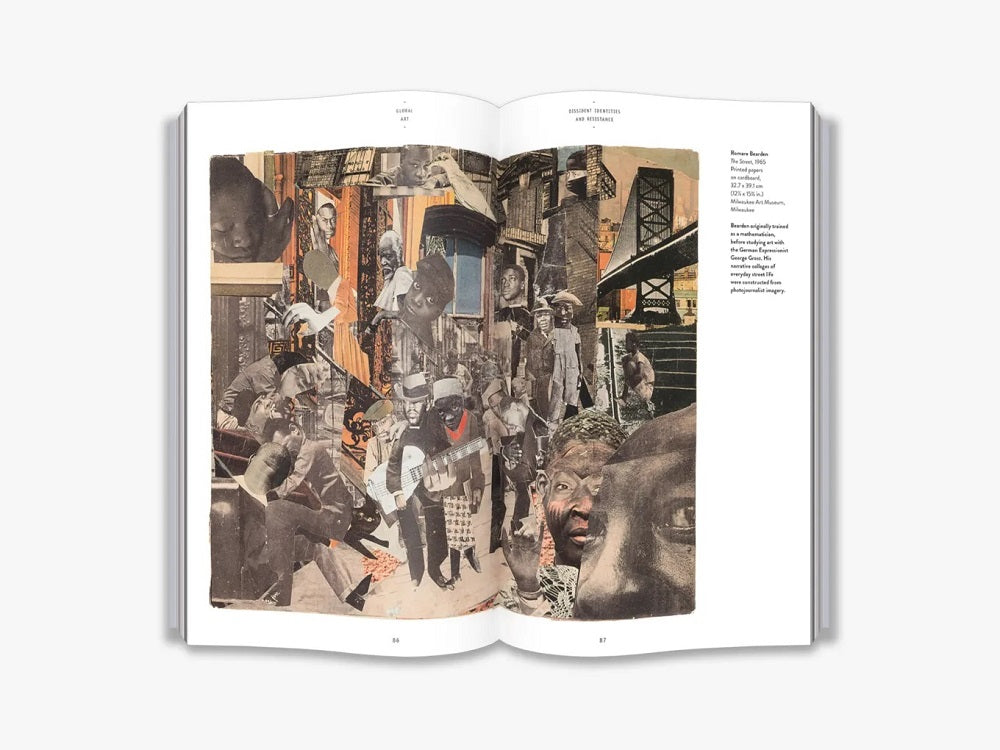 A two-page spread of a collage work. It is a street scene with many black and white images of black people pasted in.