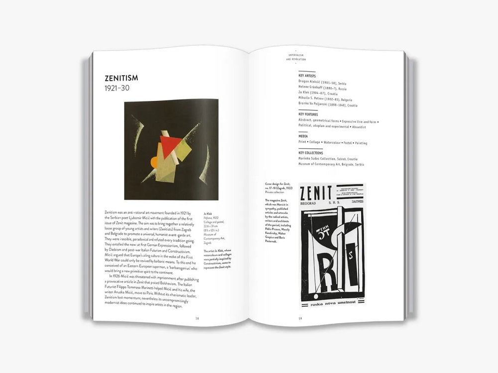 A two-page spread. There is text across the pages about Zenitism, including key artists, with two example paintings.