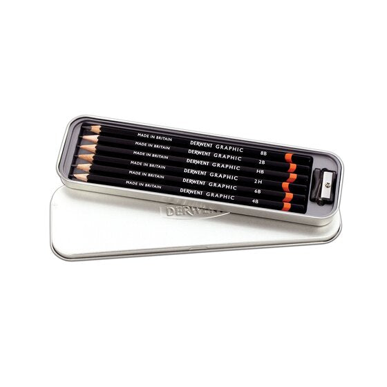 An open metal tin. Six pencils and a sharpener are inside the tin.