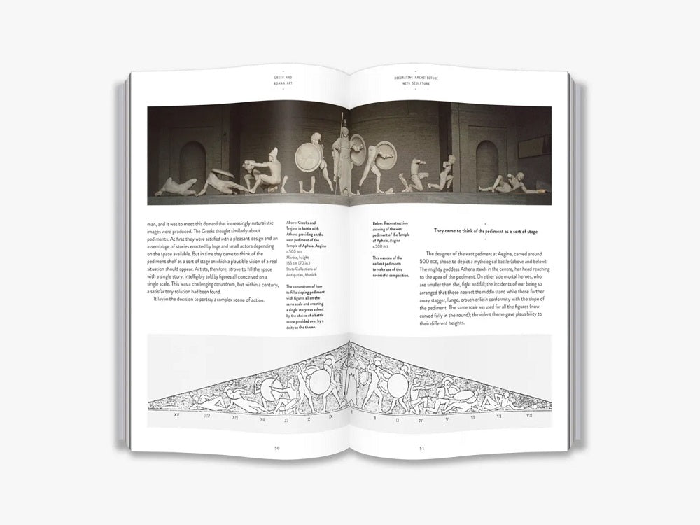 A two page spread with a photo of a series of sculptures across the top, a diagram of them is below, with text between.