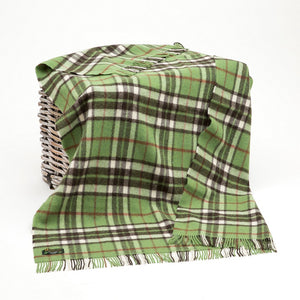 A grass green blanket with a black, white, and brown check, and matching fringe on two ends.