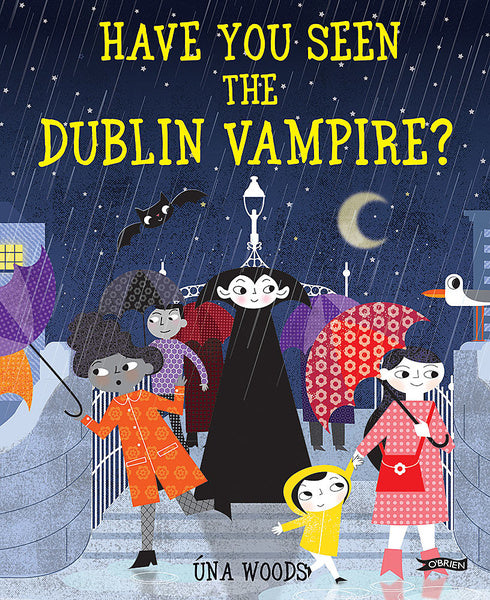 A flat cartoon of a vampire in a black cape on the Ha Penny Bridge on a rainy night surrounded by people. Yellow title is above.