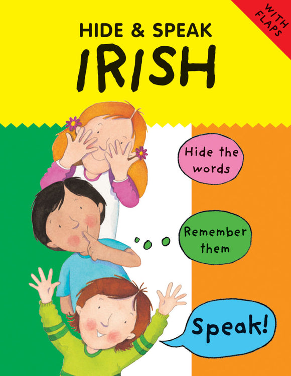 The top part of the cover is yellow with the title in black. The rest of the cover is an Irish flag. Drawings of three different children go down the centre of the flag saying ‘Hide the words’, ‘Remember them’, ‘Speak!’