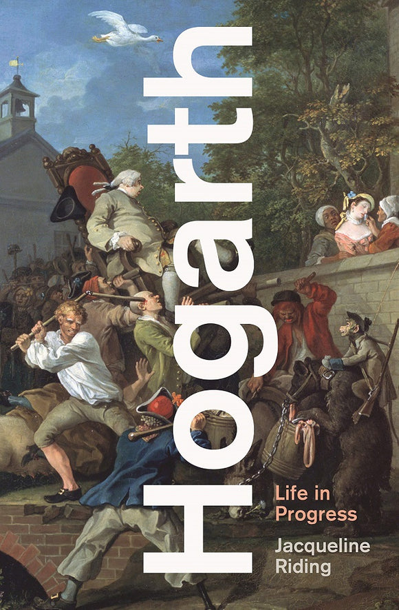 A painting of man in a chair being held up, a crowd is around and behind. Hogarth is down the centre in large white letters.