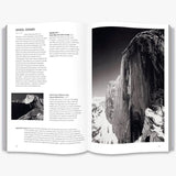 A two page spread on Ansel Adams with text on the left and a black and white photo of an icey cliff on the right.