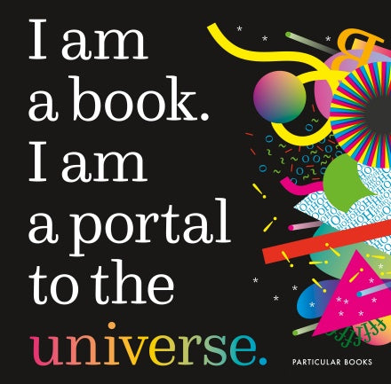 A black cover with most of the title in white except universe is a rainbow gradient. Colourful shapes are along the right.