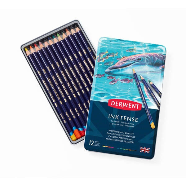 The tin open showing the sharpened coloured pencils inside. They are navy with the brand and colour in gold letters.