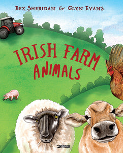 An illustration of green hills with the title in red across the centre. In the foreground is a close up of a sheep, a cow and a rooster.