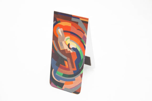 An open bookmark standing upright. The front is an abstract image of various shapes making a curved shape. It is primarily in shades of orange but with some blue and green as well.